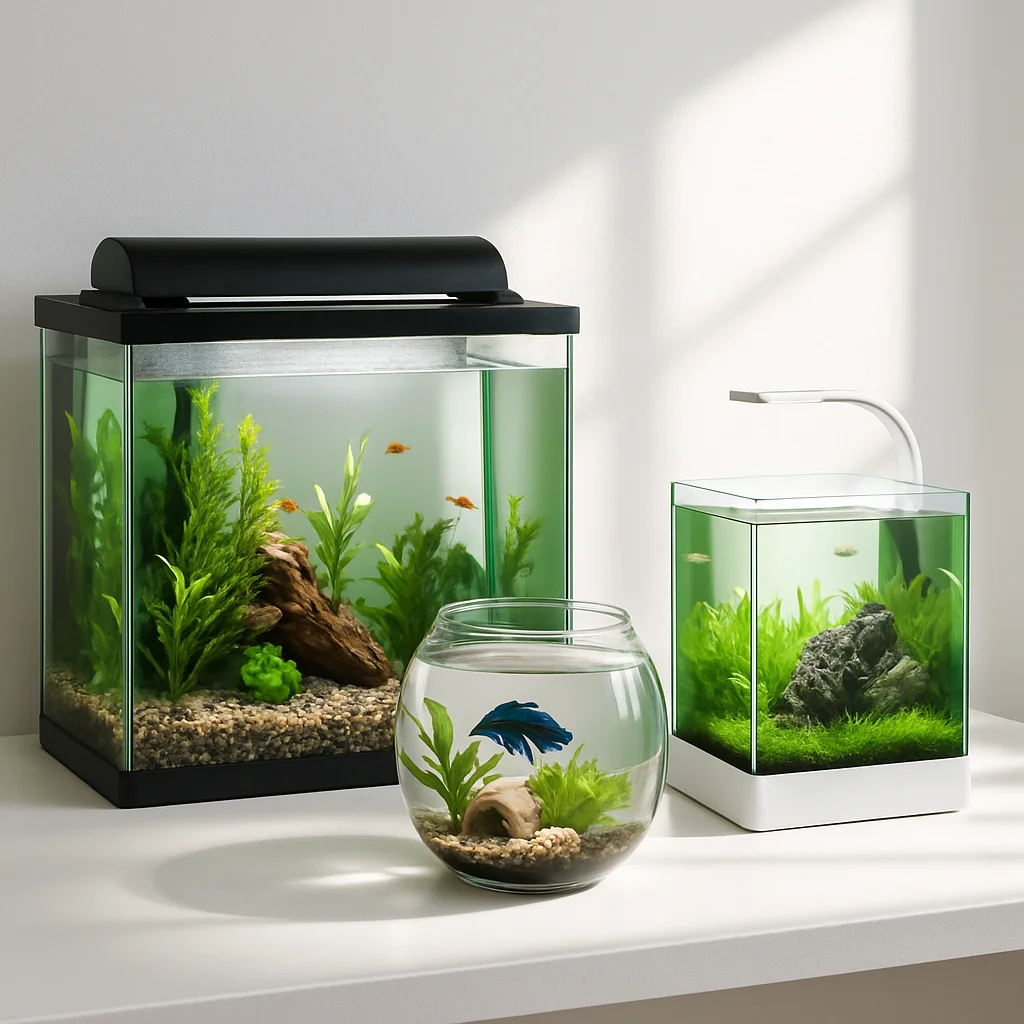 A lush, rimless aquarium filled with vibrant coral colonies, swaying sea fans, and a school of anthias fish under blue LED aquarium lighting, photographed in a modern living room setting